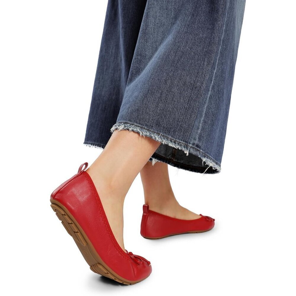 Women's Red Bowknot Round Toe Comfort Light Weight Slip-on Foldable Flats - Picture 2 of 9